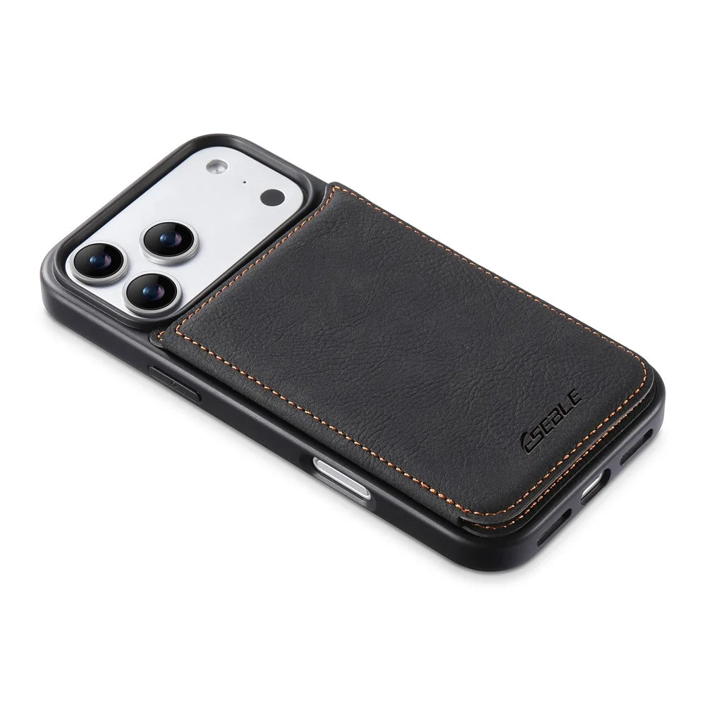 ESEBLE For iPhone 17 Pro Phone Case with Card Holder Vintage Textured PC + PU Leather Back Cover - Black - 5