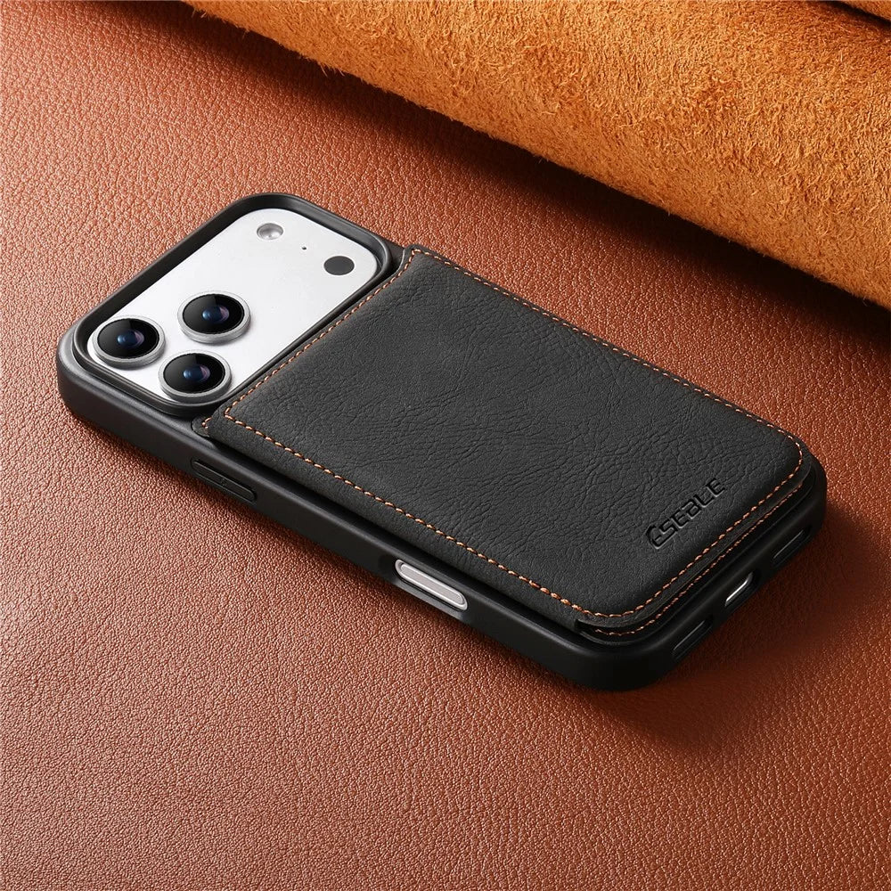 ESEBLE For iPhone 17 Pro Max Phone Case with Card Holder Vintage Textured PC + PU Leather Back Cover - Black - 7