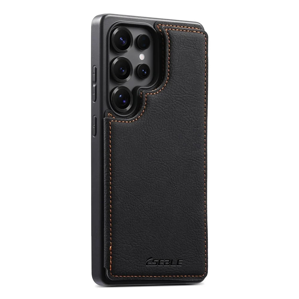 ESEBLE For Samsung Galaxy S26 Ultra Phone Case with Card Holder Vintage Textured PC + PU Leather Back Cover - Black - 1