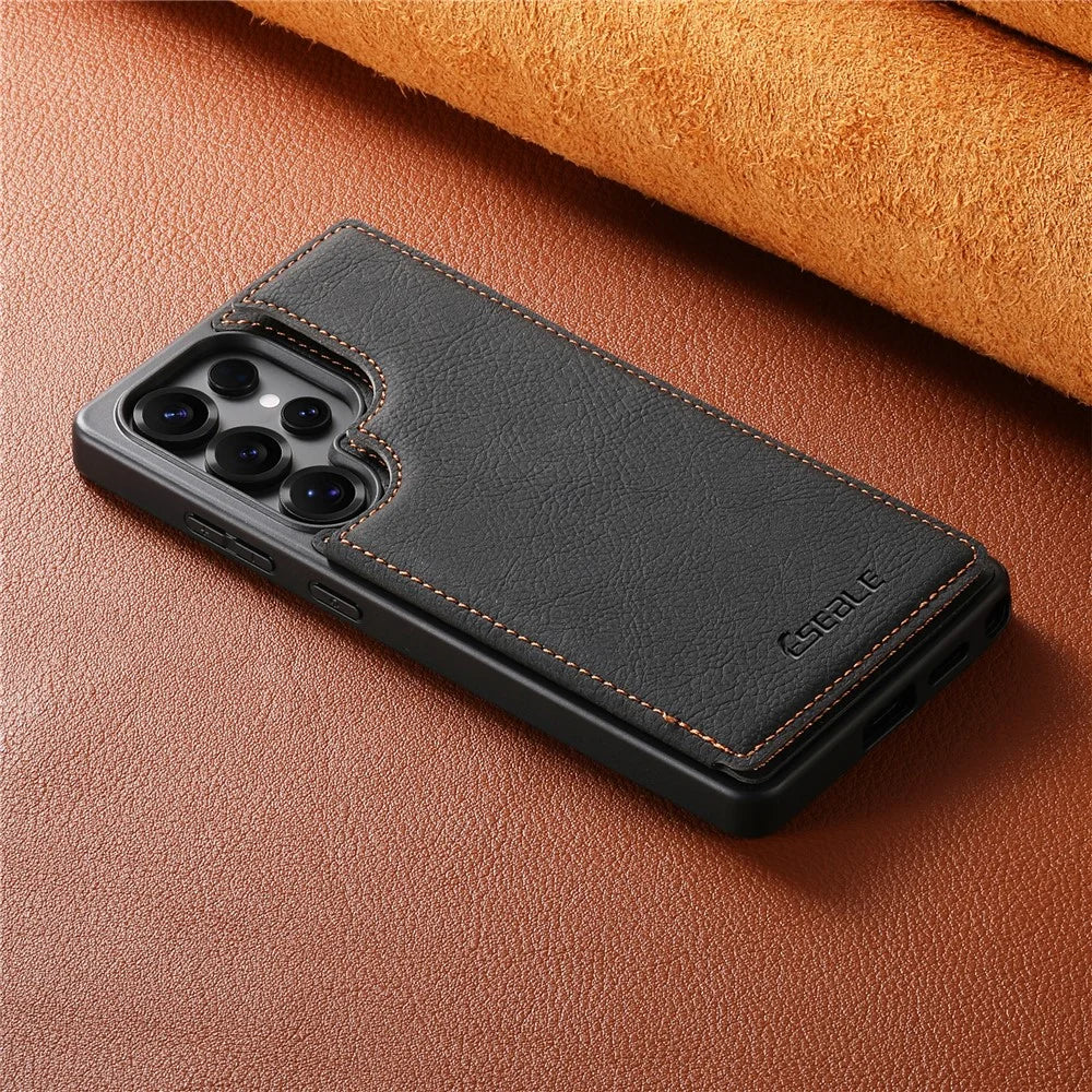 ESEBLE For Samsung Galaxy S25 Ultra Phone Case with Card Holder Vintage Textured PC + PU Leather Back Cover - Black - 6