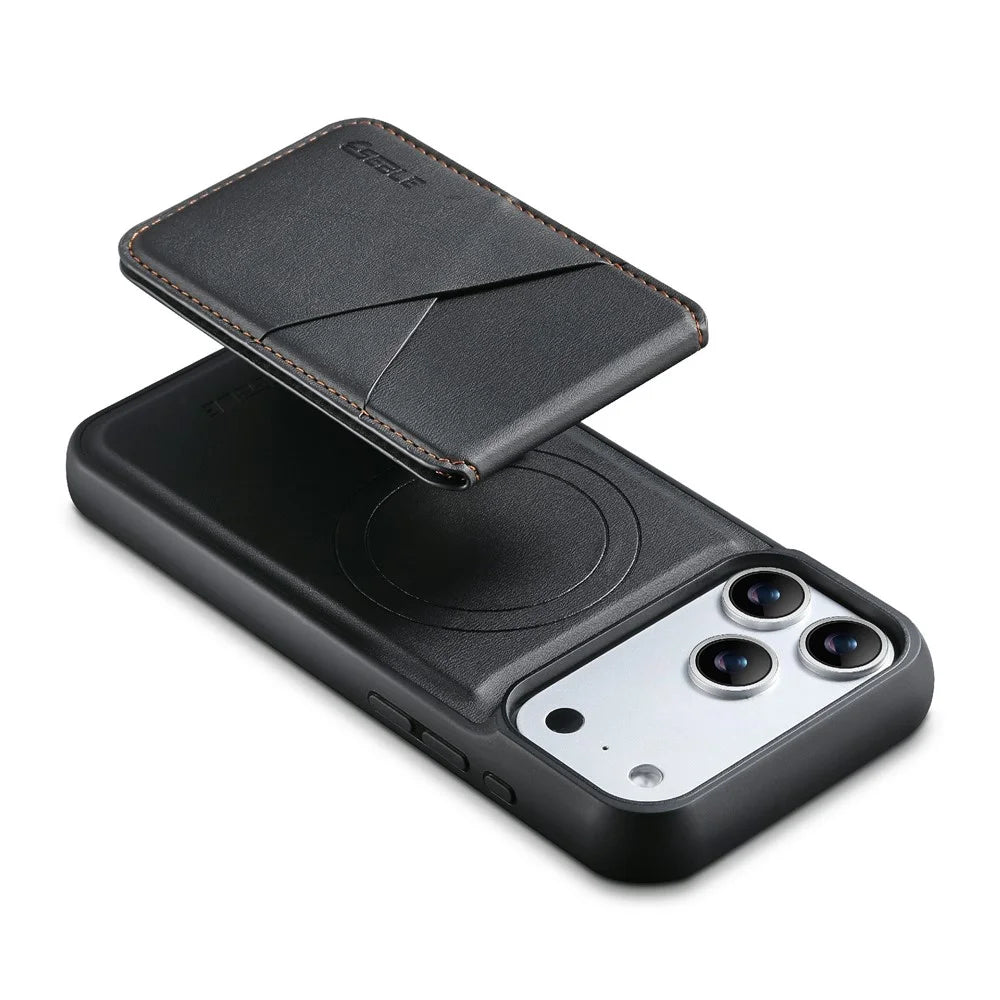 ESEBLE For iPhone 17 Pro Max Magnetic Case RFID Blocking TPU+PU Leather Phone Cover with Detachable Card Holder - Black - 4