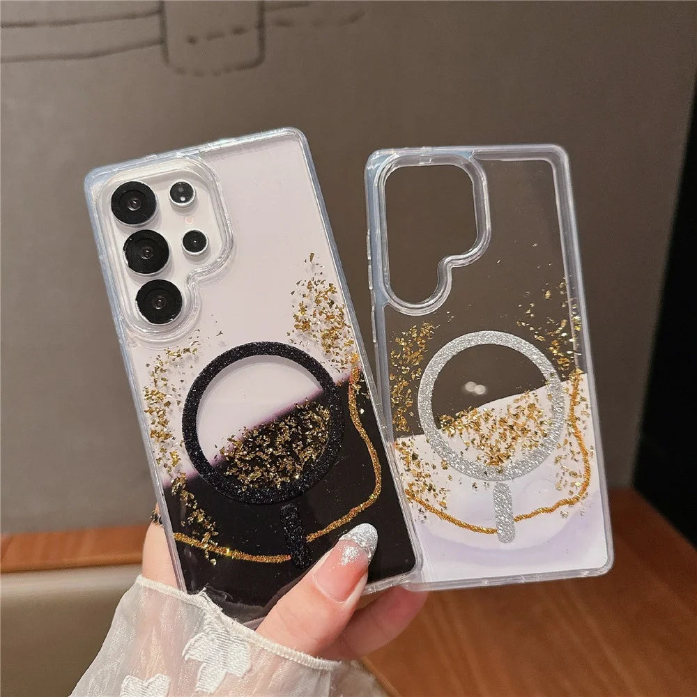 For Samsung Galaxy S24 Ultra Magnetic Case Gold Foil Glitter 2.5mm Epoxy TPU Phone Cover - Red - 3