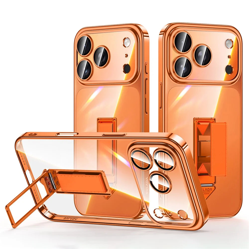 SULADA For iPhone 17 Pro Max Case Ultra Thin Electroplated PC Phone Cover with Wristband Kickstand and Lens Film - Orange - 1