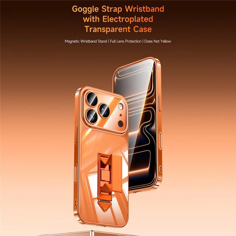 SULADA For iPhone 17 Pro Max Case Ultra Thin Electroplated PC Phone Cover with Wristband Kickstand and Lens Film - Orange - 2