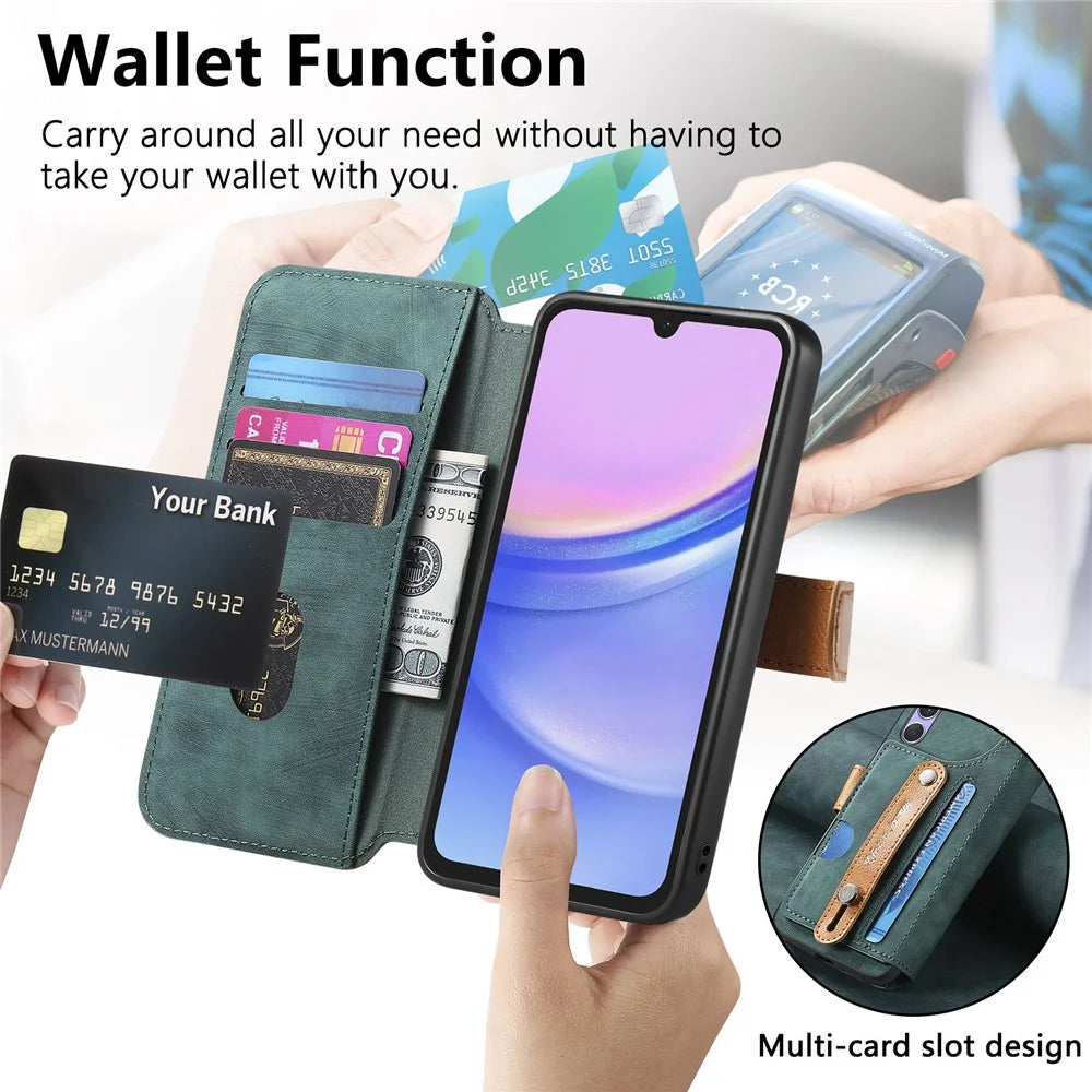 For Samsung Galaxy A37 5G Case Wallet Retro Leather Phone Cover with Wristband Kickstand - Green - 6