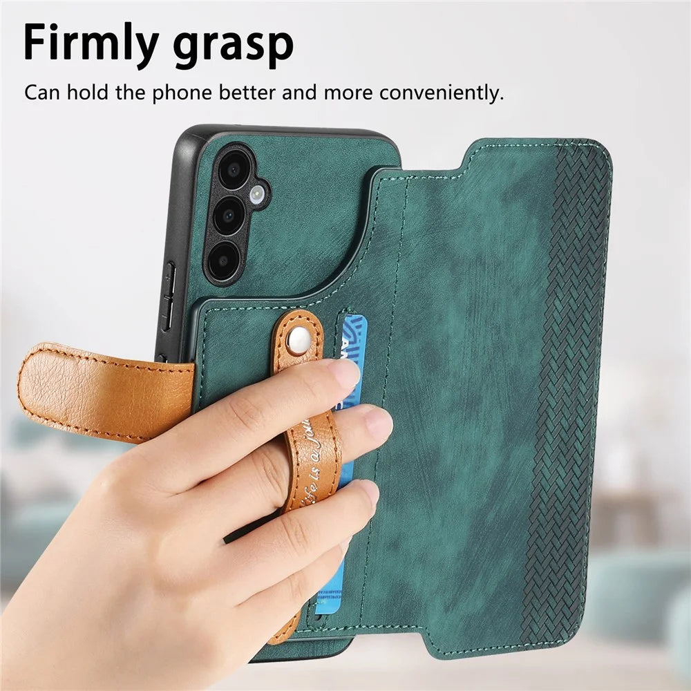 For Samsung Galaxy A37 5G Case Wallet Retro Leather Phone Cover with Wristband Kickstand - Green - 7