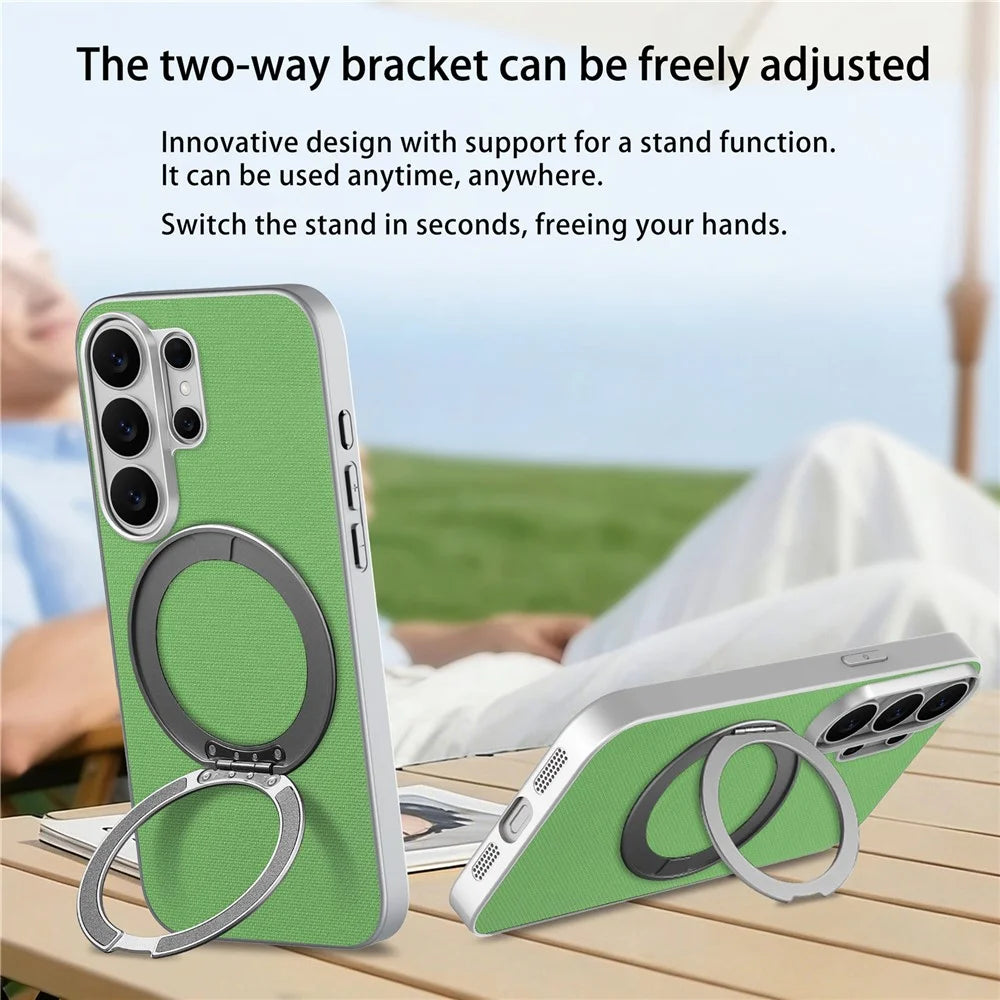 For Samsung Galaxy S26 Ultra Magnetic Case Ring Kickstand Fine Grid Texture Leather + PC + TPU Phone Cover - Green - 6