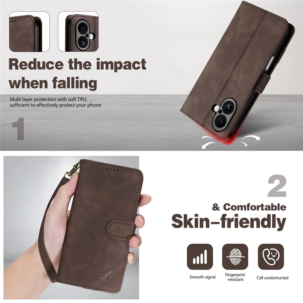 AZNS A2 for iPhone 17 Leather Case with Wrist Strap RFID Blocking Wallet Stand Phone Cover - Black - 5