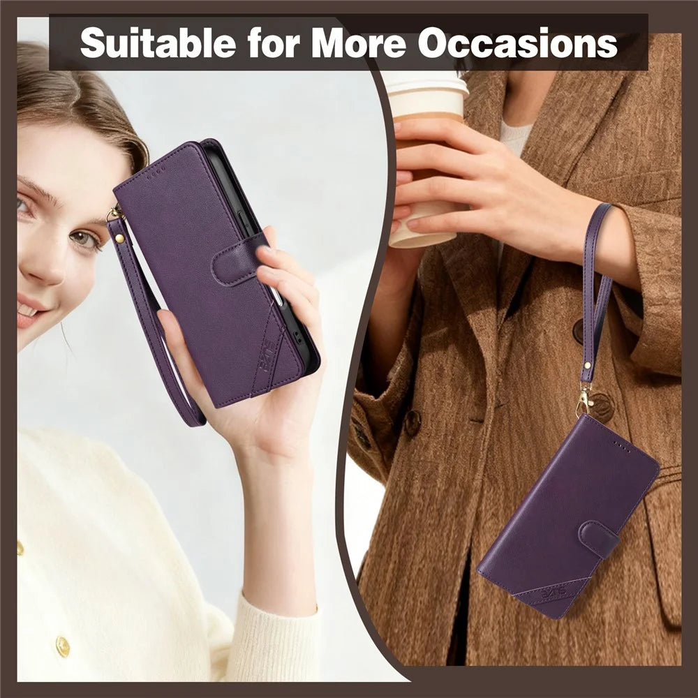 AZNS A2 for iPhone 16 Leather Case with Wrist Strap RFID Blocking Wallet Stand Phone Cover - Blue - 7