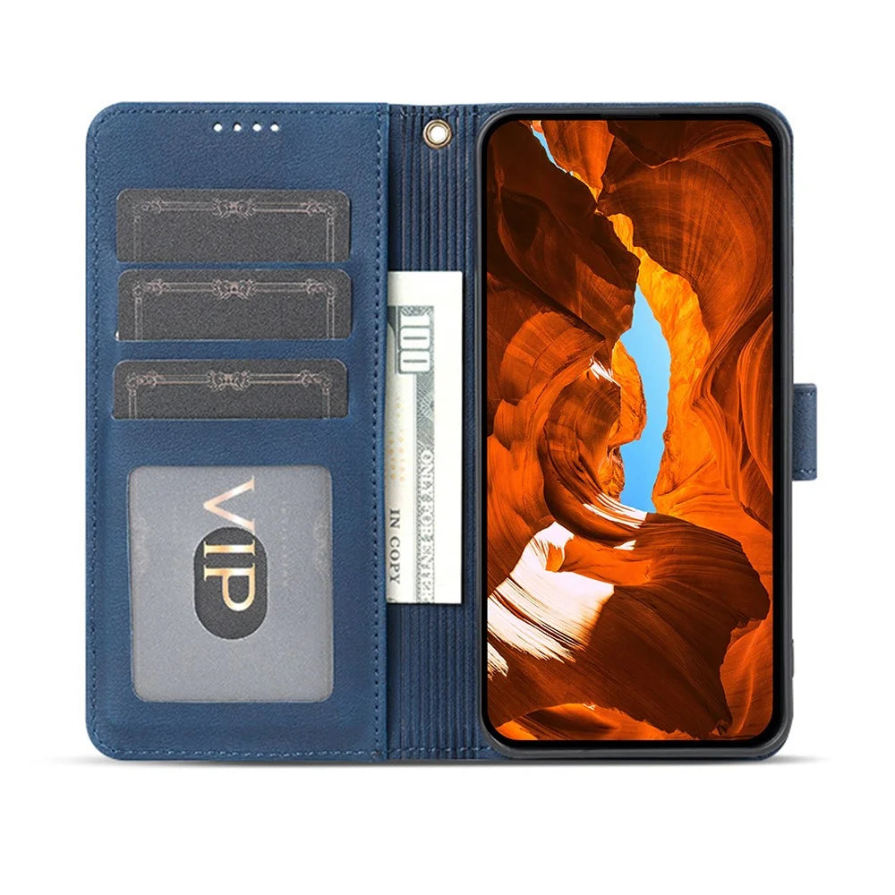 AZNS A2 for iPhone 16 Pro Leather Case with Wrist Strap RFID Blocking Wallet Stand Phone Cover - Blue - 2