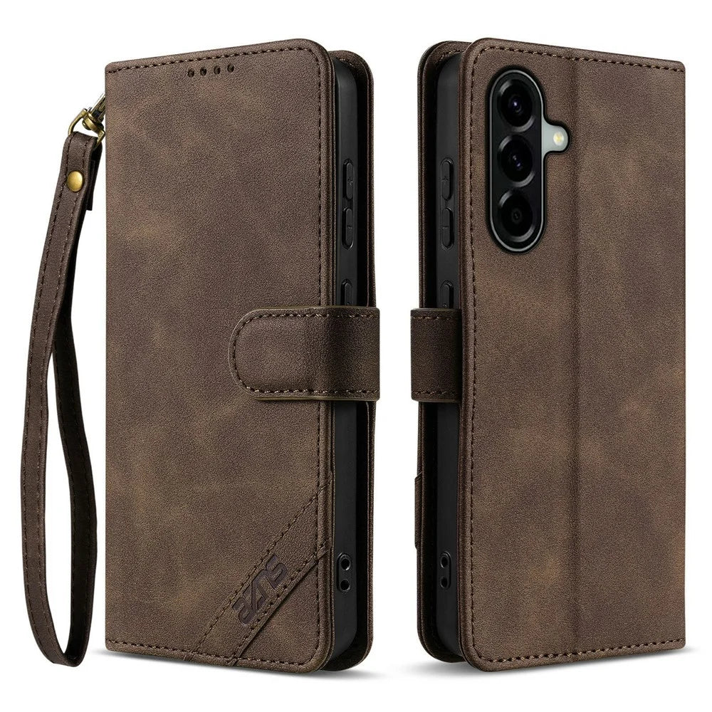 AZNS A2 for Samsung Galaxy A37 5G Leather Case with Wrist Strap RFID Blocking Wallet Stand Phone Cover - Brown - 1