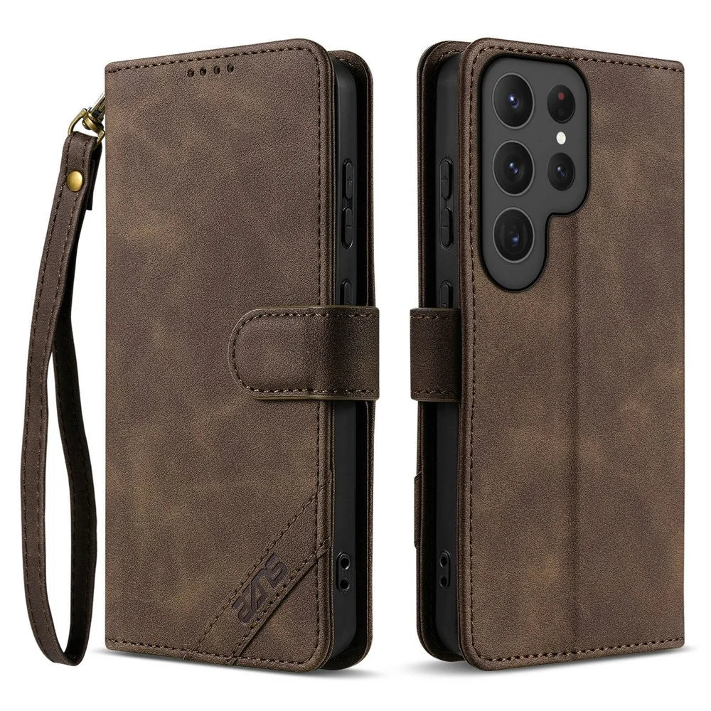 AZNS A2 for Samsung Galaxy S25 Ultra Leather Case with Wrist Strap RFID Blocking Wallet Stand Phone Cover - Brown - 1