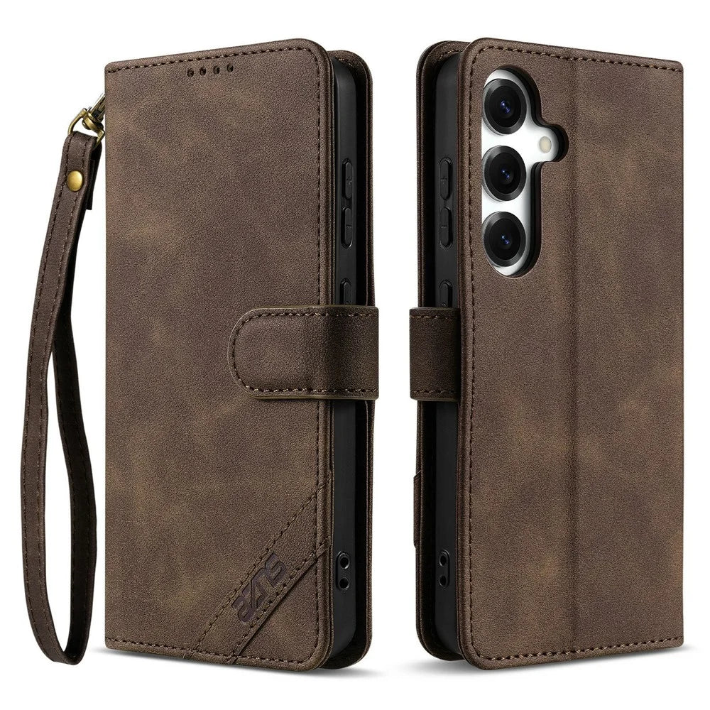 AZNS A2 for Samsung Galaxy S25 FE Leather Case with Wrist Strap RFID Blocking Wallet Stand Phone Cover - Brown - 1