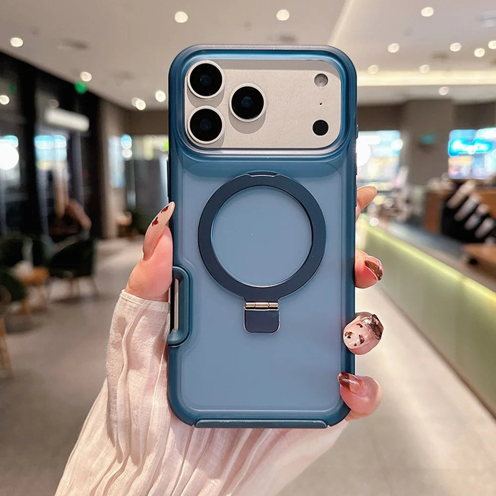 For iPhone 17 Pro Magnetic Case with Ring Holder Soft Touch TPU PC Shockproof Cover Compatible with MagSafe - Sapphire - 1