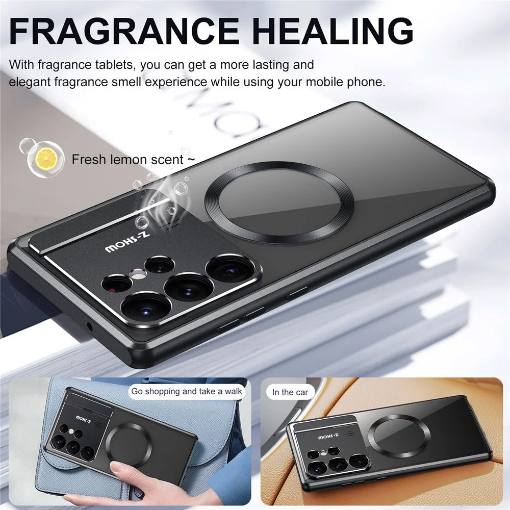 For Samsung Galaxy S26 Ultra Magnetic Case Kickstand Alloy + Acrylic Phone Cover with Aromatherapy Tablet - Black - 3