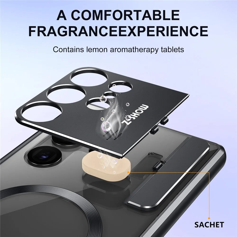 For Samsung Galaxy S26 Ultra Magnetic Case Kickstand Alloy + Acrylic Phone Cover with Aromatherapy Tablet - Black - 6