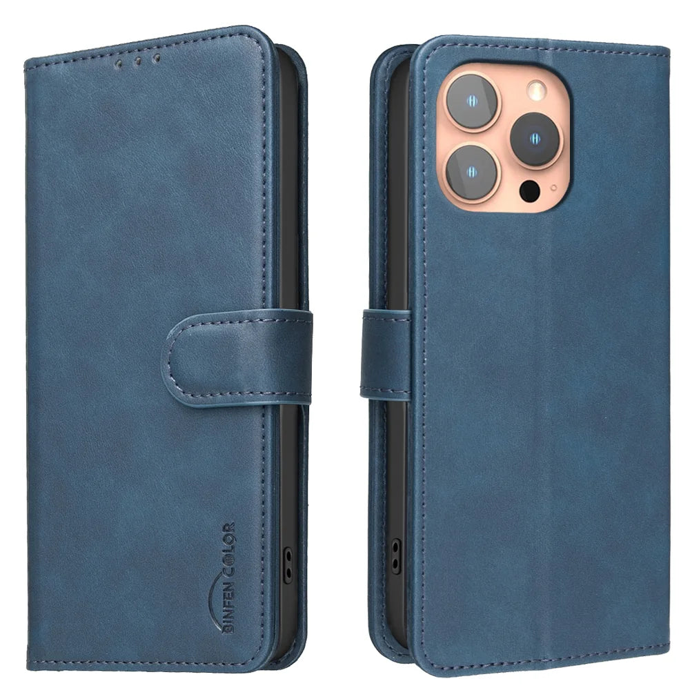 BINFEN COLOR For iPhone 16 Pro  BF37 Case RFID Blocking Wallet Stand Leather Phone Cover - Blue - 1