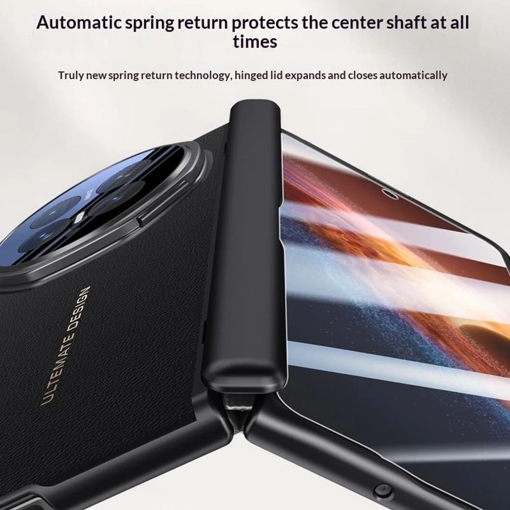 For Honor Magic V6 5G Case Leather + PC Phone Cover with HD Tempered Glass Film, Lens Kickstand - Black - 6