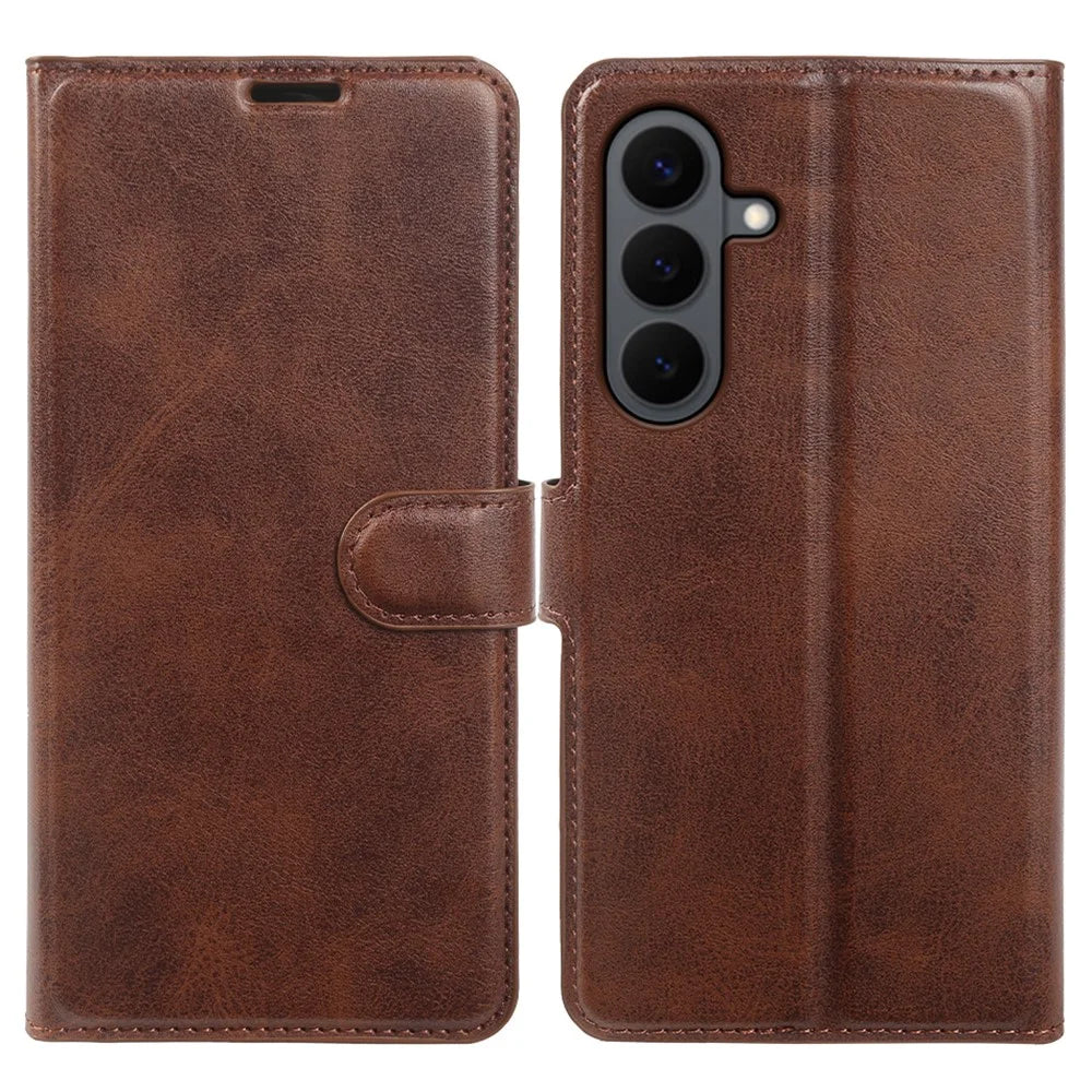 For Samsung Galaxy S26 Case Stand Wallet Calf Texture PU Leather Flip Phone Cover - Brown - 1