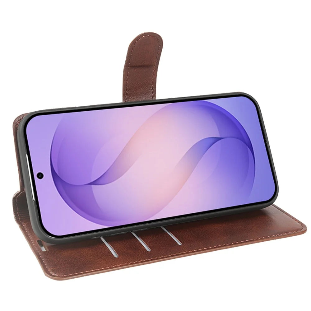 For Samsung Galaxy S26 Case Stand Wallet Calf Texture PU Leather Flip Phone Cover - Brown - 2