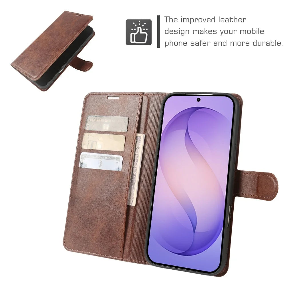 For Samsung Galaxy S26 Case Stand Wallet Calf Texture PU Leather Flip Phone Cover - Brown - 3
