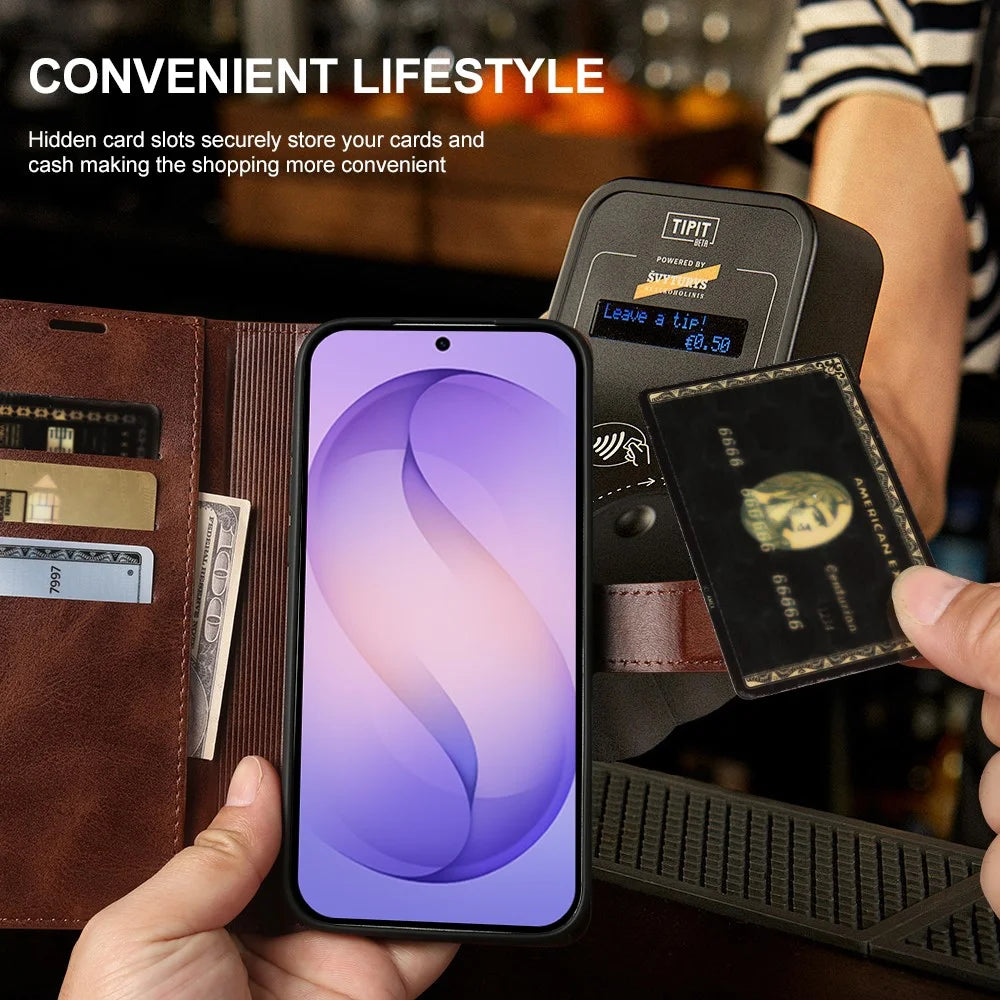 For Samsung Galaxy S26 Case Stand Wallet Calf Texture PU Leather Flip Phone Cover - Brown - 4