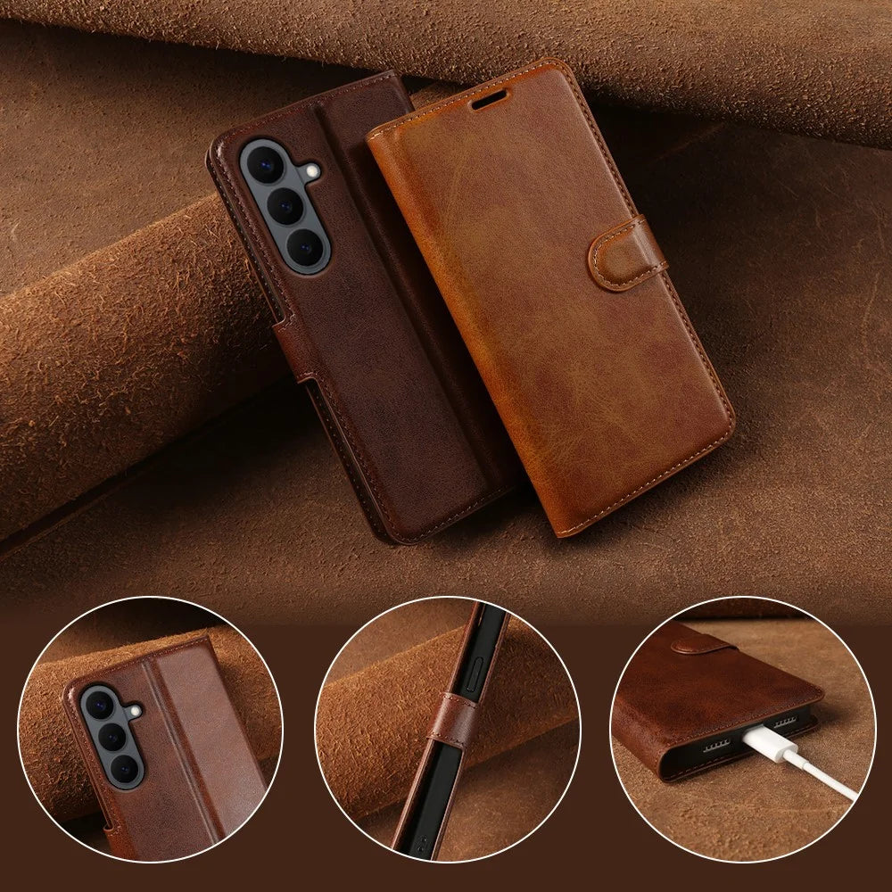 For Samsung Galaxy S26 Case Stand Wallet Calf Texture PU Leather Flip Phone Cover - Brown - 7