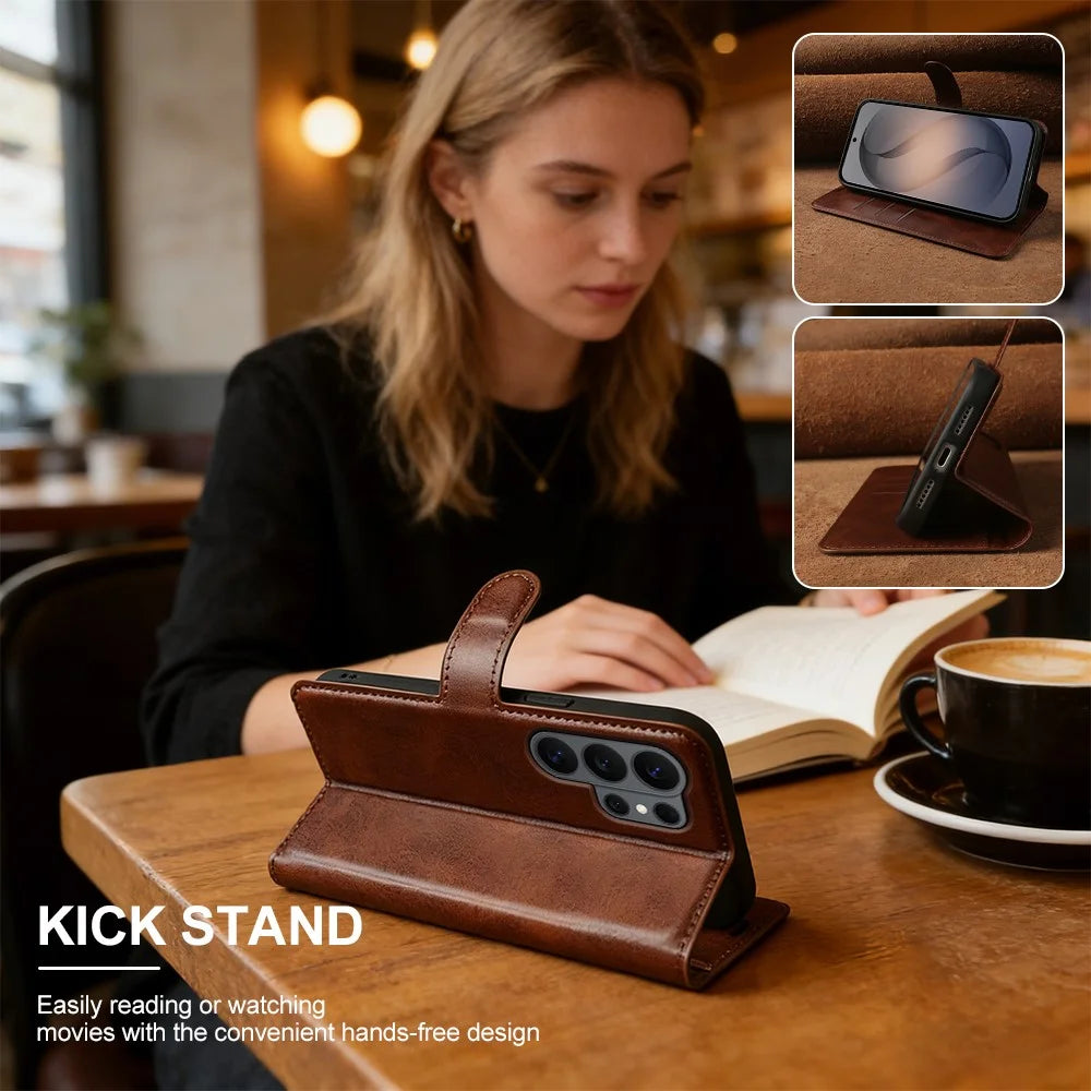 For Samsung Galaxy S26 Ultra Case Stand Wallet Calf Texture PU Leather Flip Phone Cover - Brown - 5