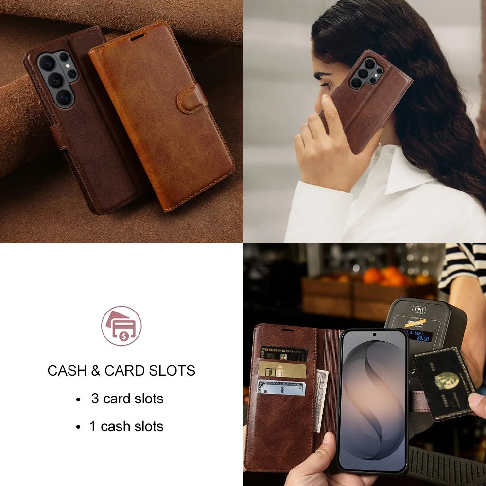 For Samsung Galaxy S26 Ultra Case Stand Wallet Calf Texture PU Leather Flip Phone Cover - Brown - 6