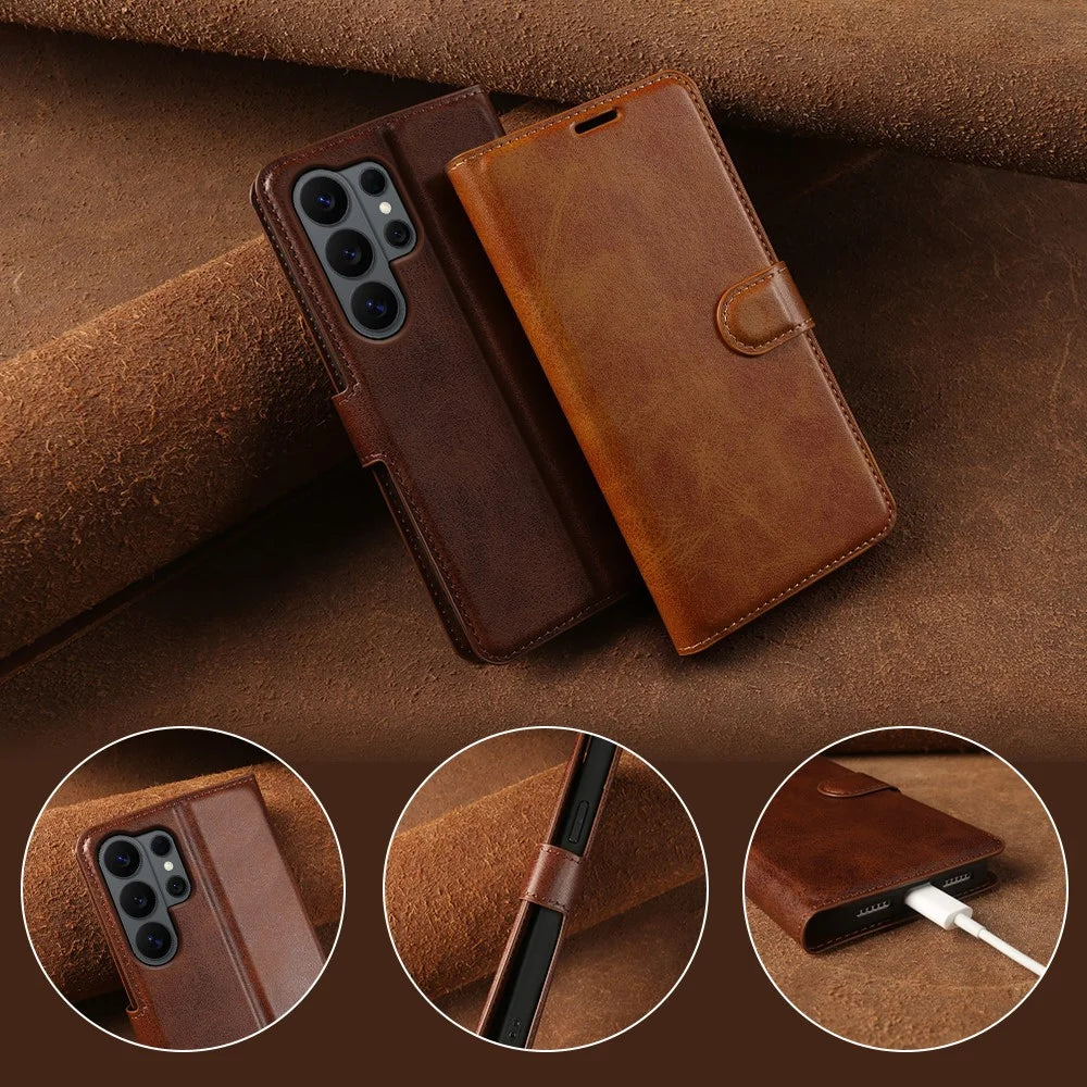 For Samsung Galaxy S26 Ultra Case Stand Wallet Calf Texture PU Leather Flip Phone Cover - Brown - 7