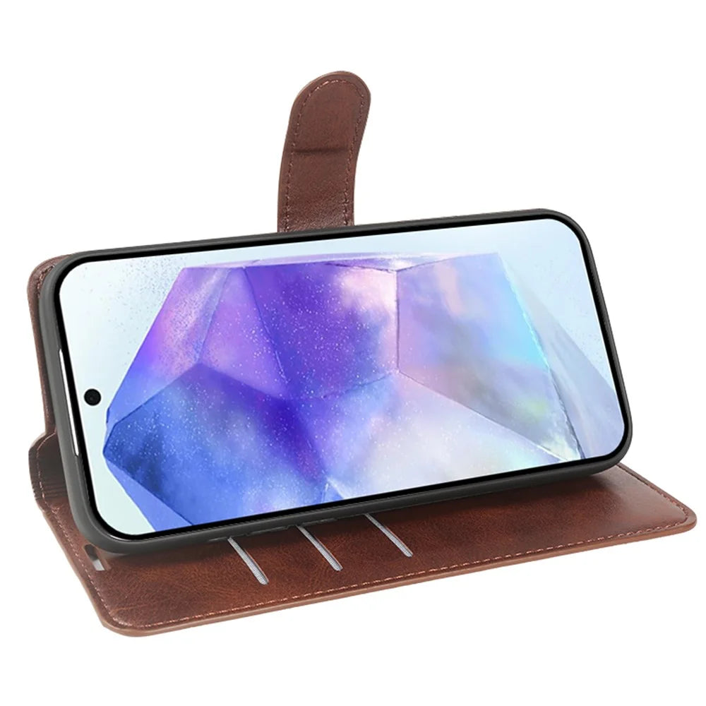 For Samsung Galaxy A55 5G Case Stand Wallet Calf Texture PU Leather Flip Phone Cover - Brown - 2