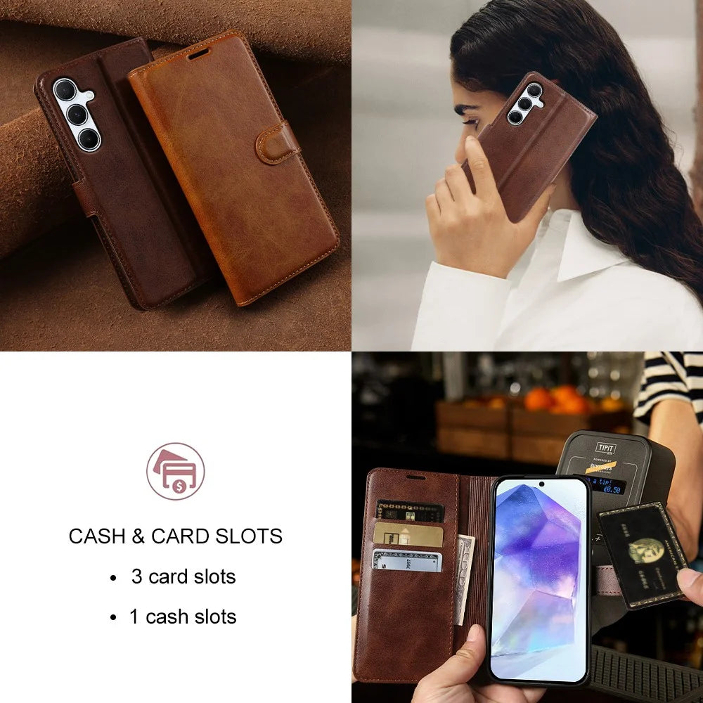 For Samsung Galaxy A55 5G Case Stand Wallet Calf Texture PU Leather Flip Phone Cover - Brown - 6