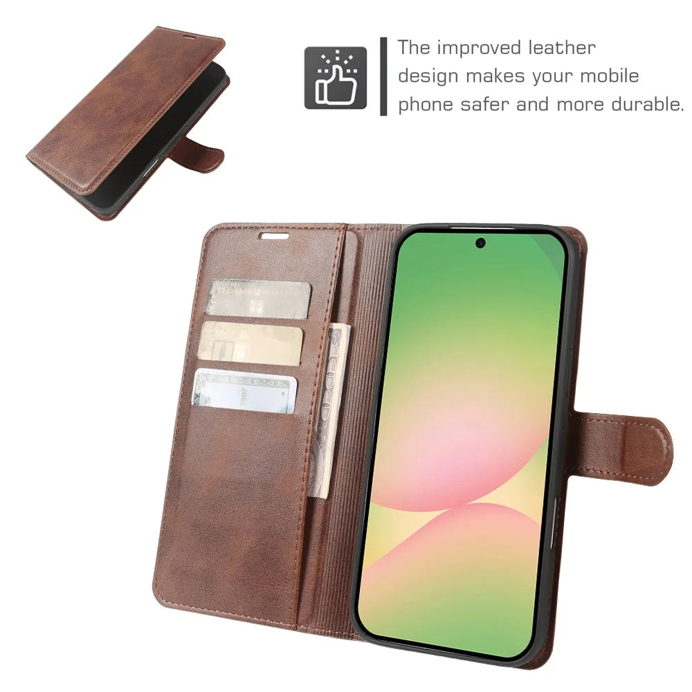 For Samsung Galaxy A57 5G Case Stand Wallet Calf Texture PU Leather Flip Phone Cover - Brown - 3