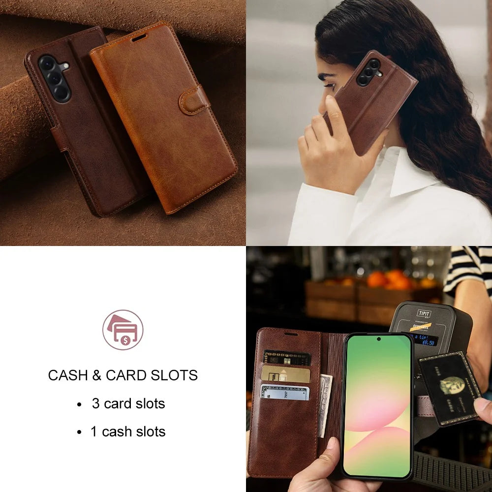 For Samsung Galaxy A57 5G Case Stand Wallet Calf Texture PU Leather Flip Phone Cover - Brown - 6
