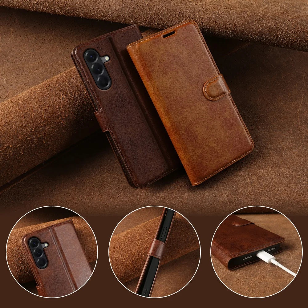 For Samsung Galaxy A57 5G Case Stand Wallet Calf Texture PU Leather Flip Phone Cover - Brown - 7