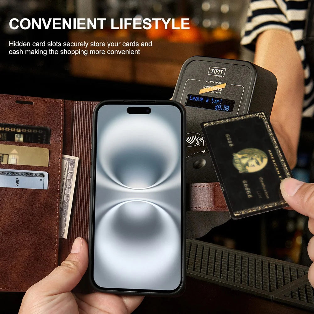 For iPhone 16 Case Stand Wallet Calf Texture PU Leather Flip Phone Cover - Brown - 5
