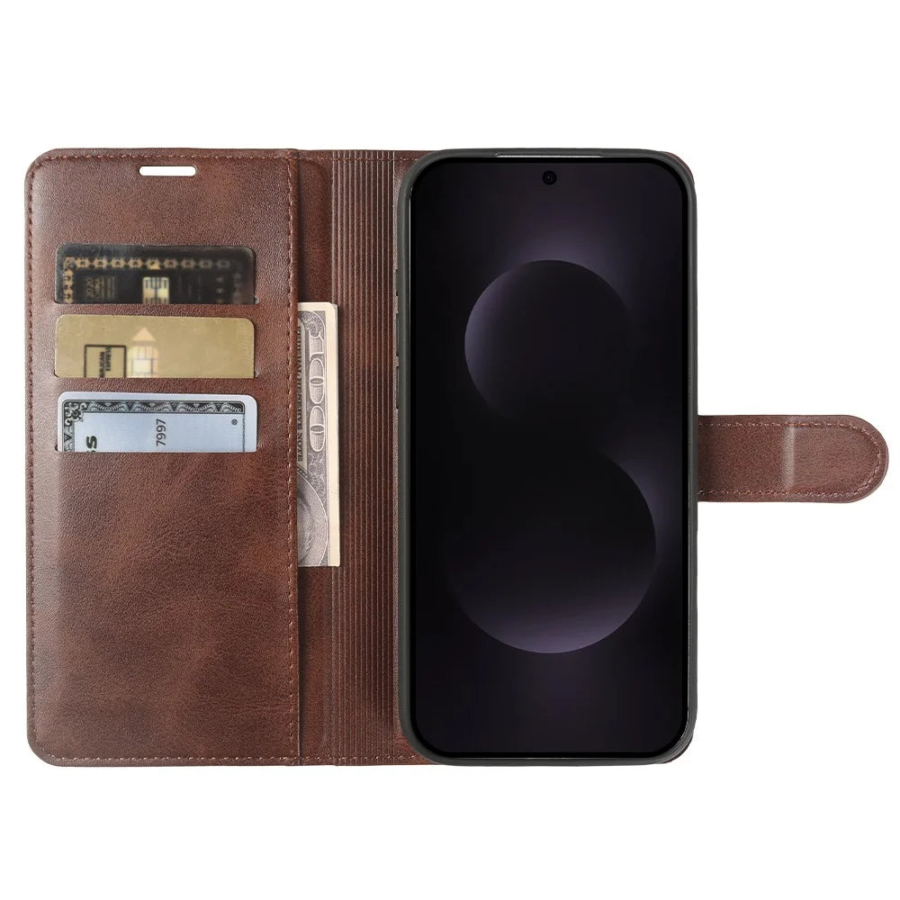 For Samsung Galaxy S25 Edge Case Stand Wallet Calf Texture PU Leather Flip Phone Cover - Brown - 3