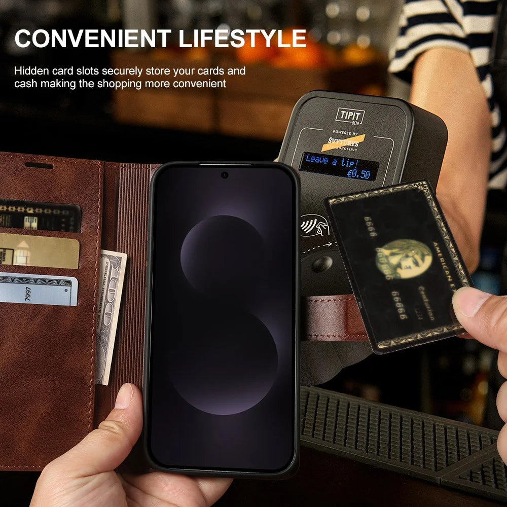 For Samsung Galaxy S25 Edge Case Stand Wallet Calf Texture PU Leather Flip Phone Cover - Brown - 5