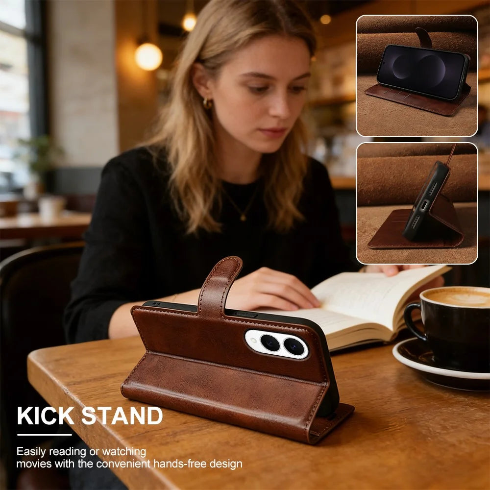 For Samsung Galaxy S25 Edge Case Stand Wallet Calf Texture PU Leather Flip Phone Cover - Brown - 6