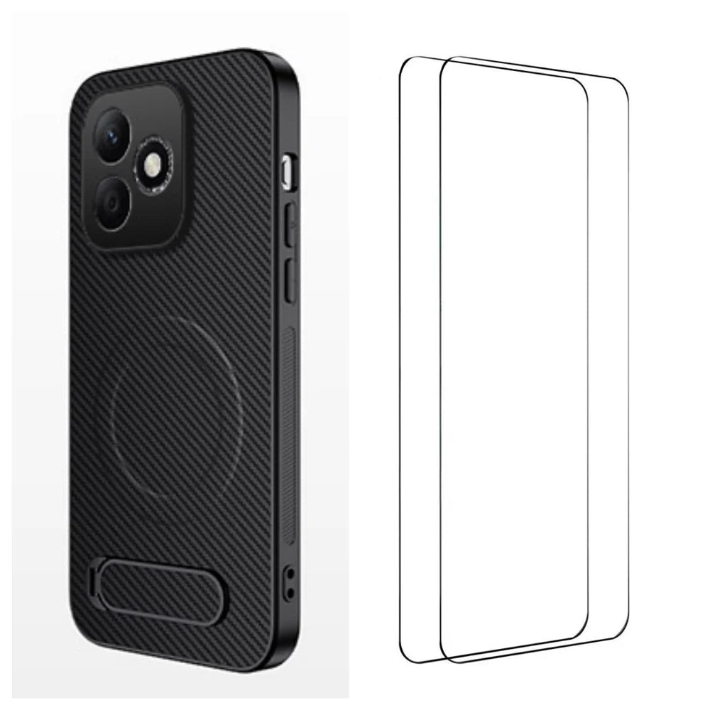 WANLONFENG For Honor X8d 4G  QT1 Series Magnetic Case with 2Pcs Tempered Glass Films Kickstand Carbon Fiber Texture PC TPU Phone Cover - Black - 1