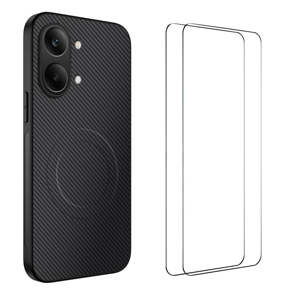 WANLONFENG For Xiaomi Redmi Turbo 5 Max 5G  TQ1 Series Magnetic Case Carbon Fiber Texture PC TPU Phone Cover with 2Pcs Screen Films - Black - 1