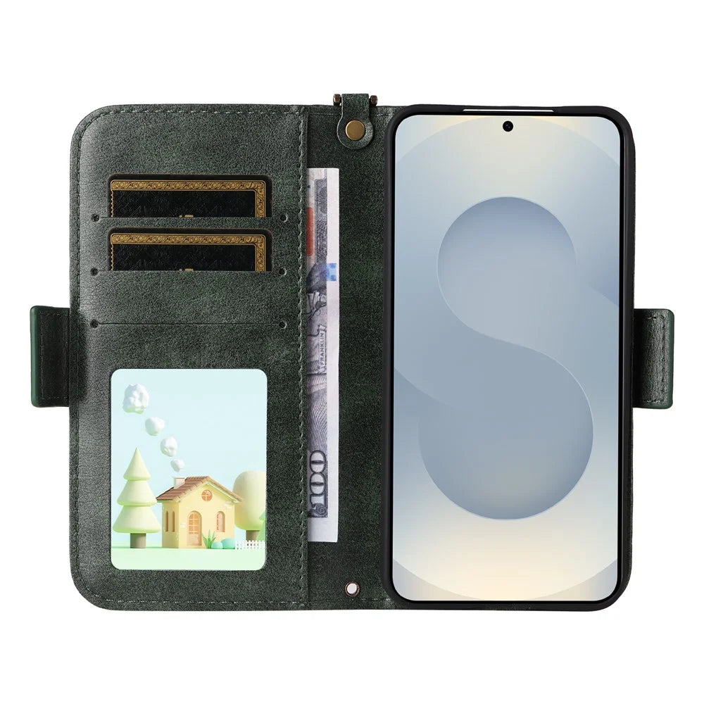 For Samsung Galaxy S26+ Leather Case Magnetic Closure Wallet Stand Phone Cover with Crossbody Strap - Green - 2