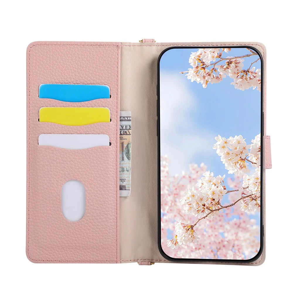 Wallet Case for iPhone 17e  /  16e Triangular Splicing Zipper Leather Flip Cover with Wrist Strap - Pink - 4