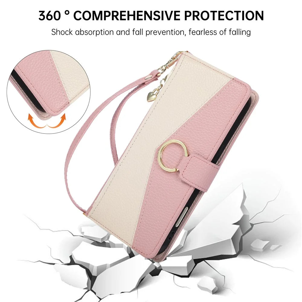 Wallet Case for iPhone 17e  /  16e Triangular Splicing Zipper Leather Flip Cover with Wrist Strap - Pink - 5