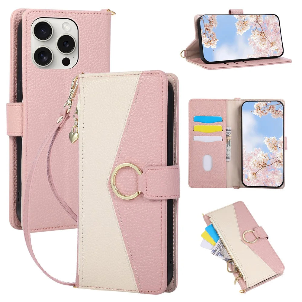 For iPhone 14 Pro Max Wallet Case Triangular Splicing Zipper Leather Flip Cover with Wrist Strap - Pink - 1
