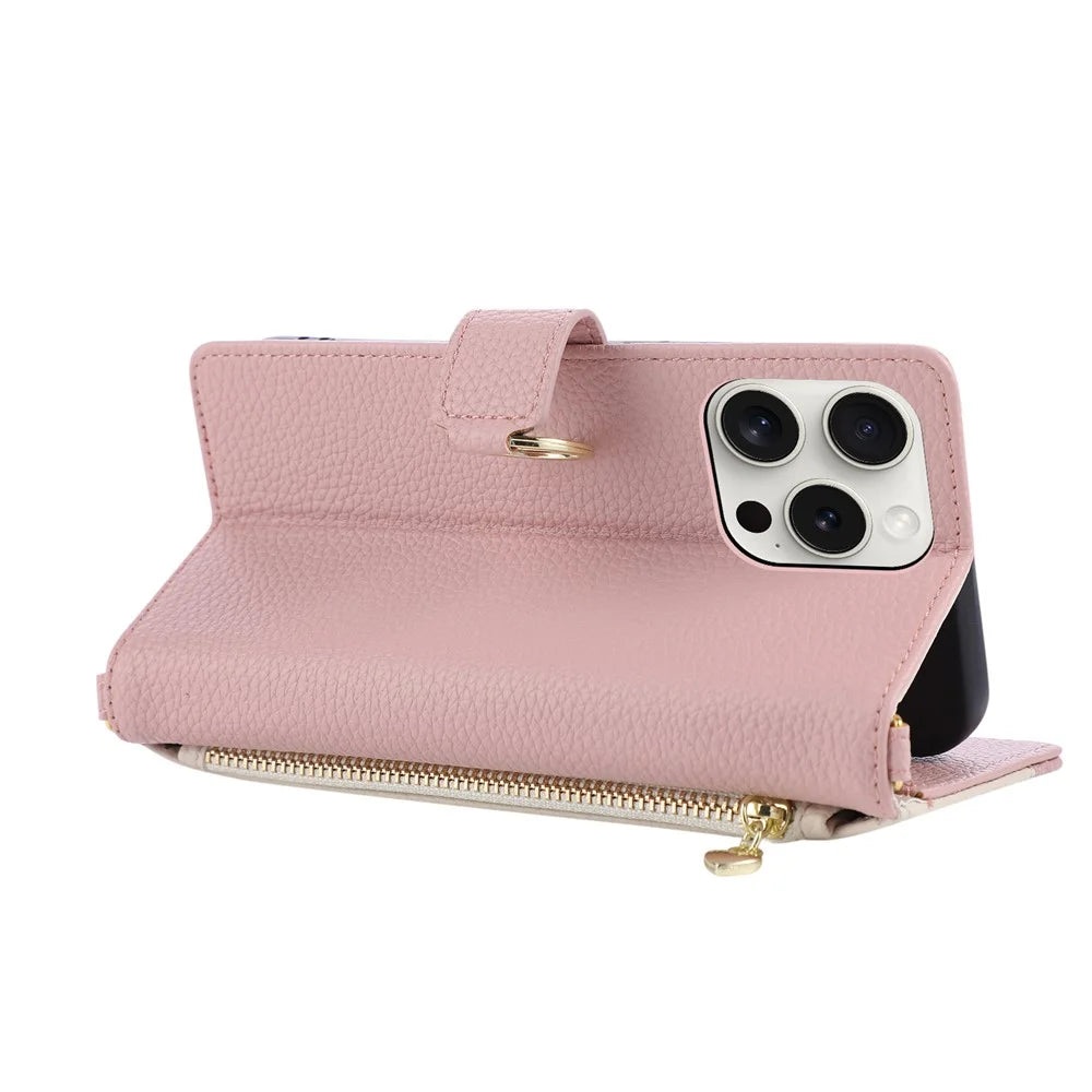 For iPhone 14 Pro Max Wallet Case Triangular Splicing Zipper Leather Flip Cover with Wrist Strap - Pink - 2