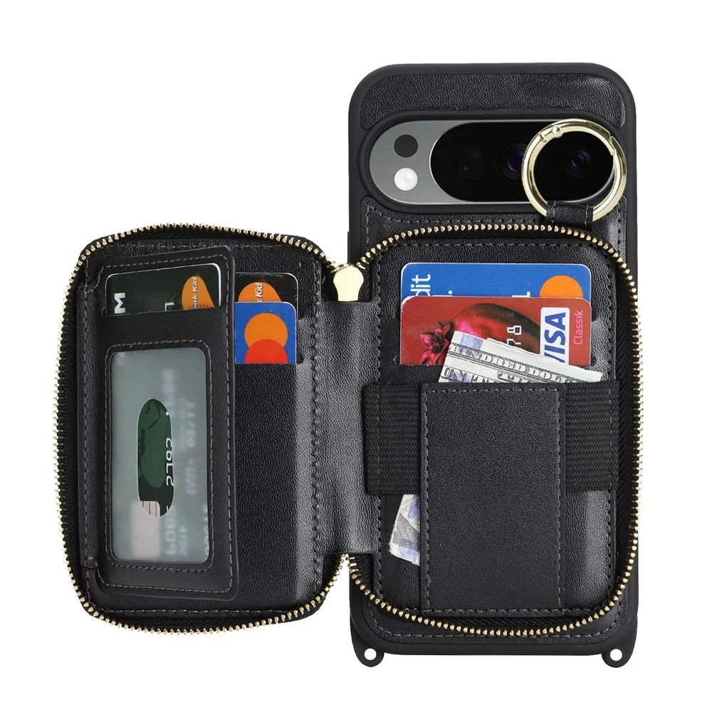 For Google Pixel 10 Pro XL Case Ring Holder Zipper Pocket Kickstand Leather Back Phone Cover with Shoulder Strap - Black - 2