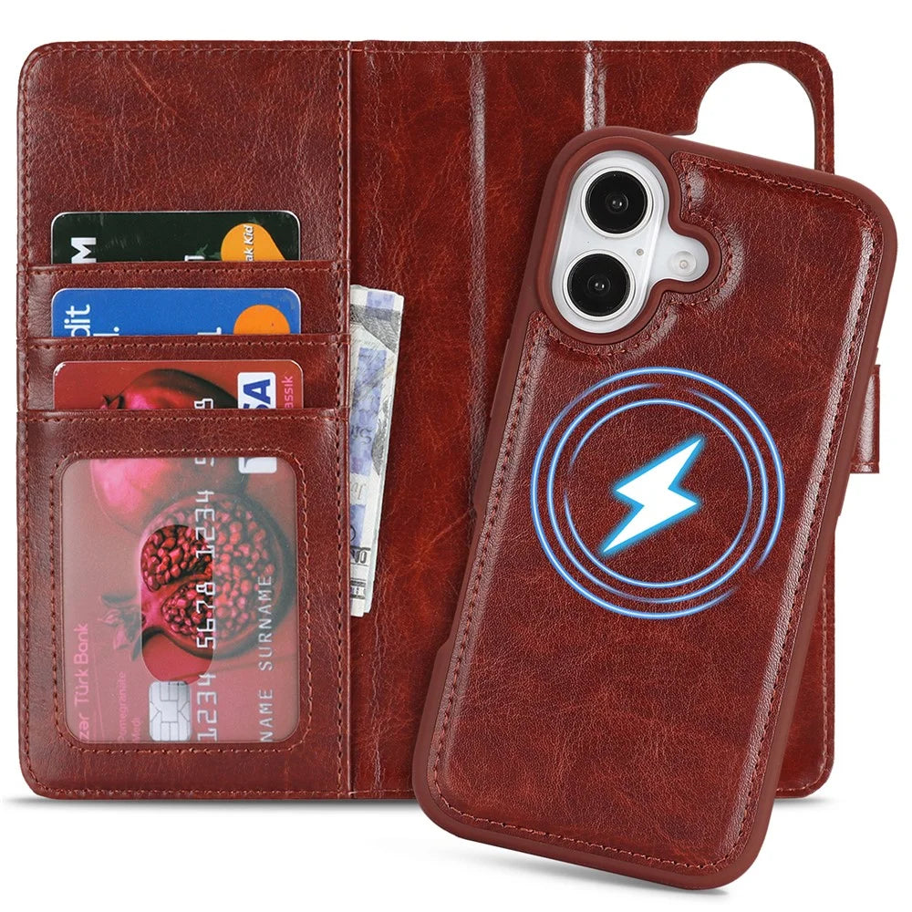 For iPhone 17 Magnetic Case Anti-Drop Detachable Wallet PU Leather Phone Cover - Dark Brown - 2
