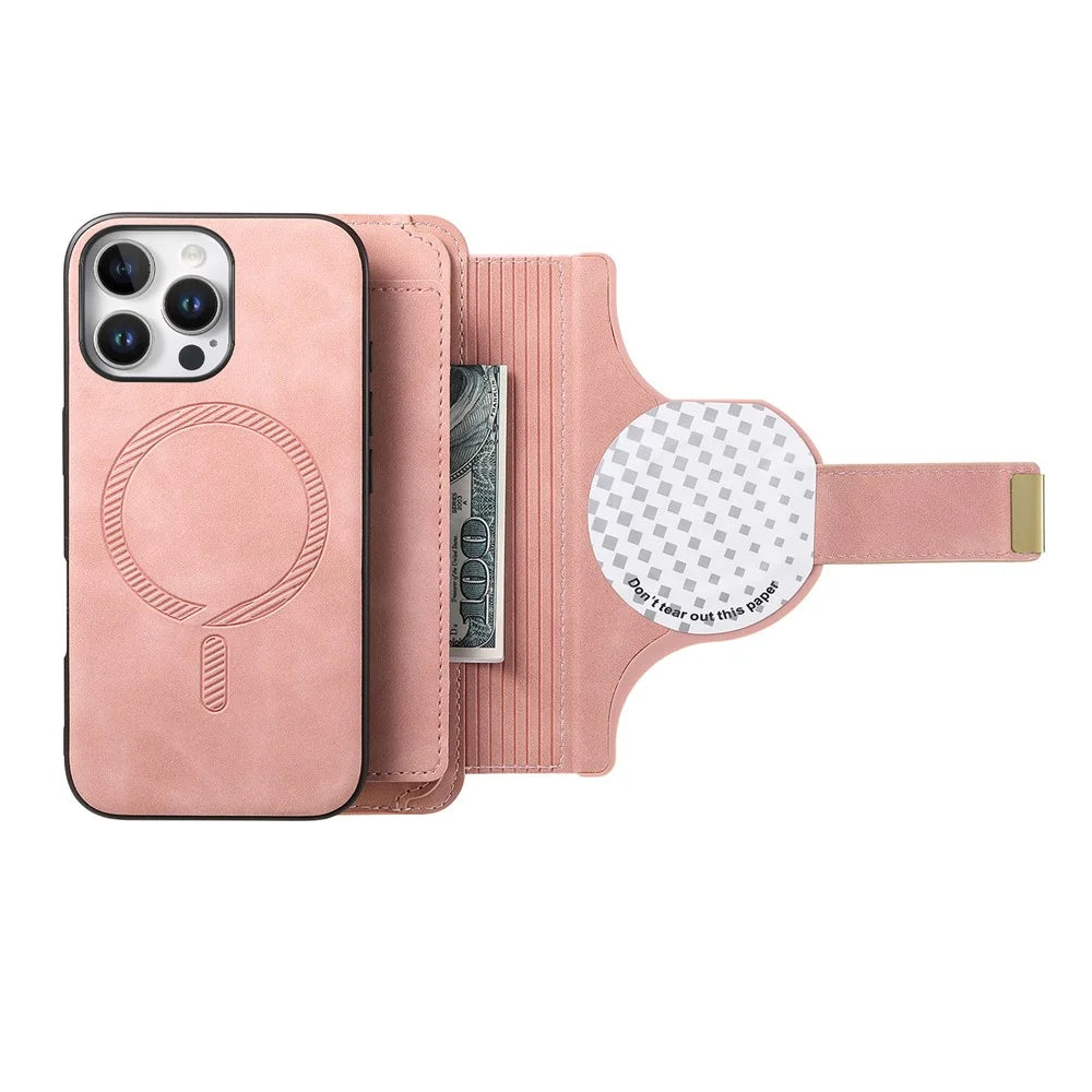 For iPhone 15 Pro Magnetic Leather Case with Detachable RFID Blocking Zipper Wallet Cover - Pink - 2