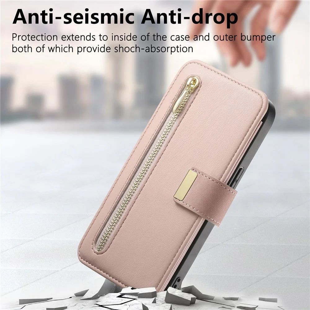 For iPhone 15 Pro Magnetic Leather Case with Detachable RFID Blocking Zipper Wallet Cover - Pink - 7